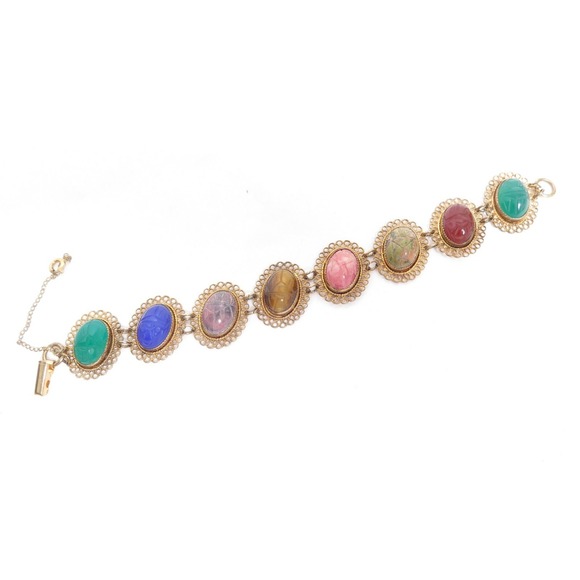 VINTAGE EGYPTIAN REVIVAL SCARAB BEETLE GEM BEAU STERLING GOLD FILIGREE BRACELET